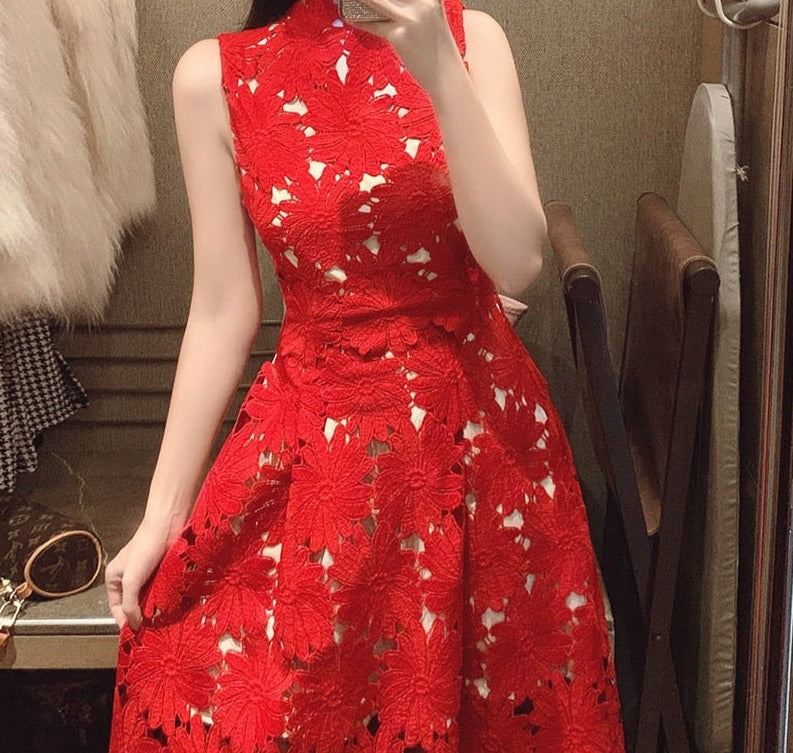 Kukombo Vintage Red Lace Dress Women Sleeveless Spring High Waisted Bodycon Dress Ladies Hollow Out Runway Party Clothing Woman