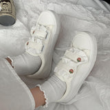 Kukombo Women White Sneaker Kawaii Lolita Shoes Cute Lady Japanese Lace Velcro Plush Flats Spring Casual Canva Footwear 2022 tenis Female