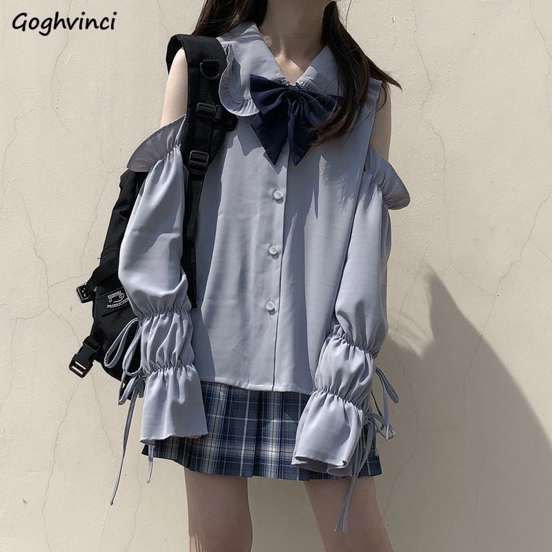 Kukombo Women Shirts Off Shoulder Peter Pan Collar Sweet Lolita Style Lovely Solid Long Lantern Sleeve Bow Lace Up Female Leisure Trendy