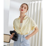 Christmas Gift FANSILANEN Office Lady Blouse Women's 2021 Summer New Style Short-sleeved Korean Loose 100% Cotton Casual POLO Collar Shirt