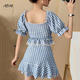 Kukombo Women's Swimwear 2022 Summer Suit 2 Piece Swimsuit with Skirt Ruffles Plaid Print High Waisted Bikini Set Bathing Suit Beachwear