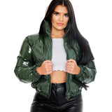 Kukombo Women Winter Coat PU Short Orange Puffer Jacket Bubble Fashion Glossy Shiny Cotton Padded Standard Collar Warm Outwear