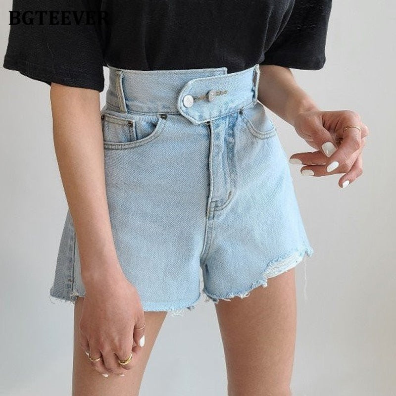 Christmas Gift BGTEEVER High Waist Double Button Jeans Shorts for Women 2021 New Summer Chic Ripped Edge Female Denim Shorts Casual Bottoms