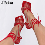 Christmas Gift Eilyken Summer Autumn Sexy Mesh Pumps sandals Female Square Toe high heel Lace Up Cross-tied Stiletto hollow Dress Pumps shoes