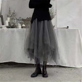 Kukombo Gothic Gray Tulle Long Irregular Pleated Skirts Elastic High Waist A-Line Mesh Midi Skirts Vintage Punk Streetwear Streetwear