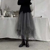 Kukombo Gothic Gray Tulle Long Irregular Pleated Skirts Elastic High Waist A-Line Mesh Midi Skirts Vintage Punk Streetwear Streetwear