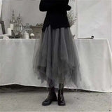 Kukombo Back to college outfits Gothic Gray Tulle Long Irregular Pleated Skirts Elastic High Waist A-Line Mesh Midi Skirts Vintage Punk Streetwear Streetwear