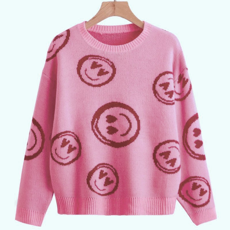 Kukombo Autumn Winter Pink Smiley Face Sweater Women's Knitted Round Neck  Tops Female Korean Loose Oversized Short Bottoming Sweaters