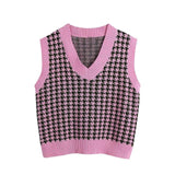 Kukombo Autumn Winter Women Sweater Vest Houndstooth Loose Knitted V-Neck Sleeveless Chic Top Fashion Vintage Sweater Female Waistcoat