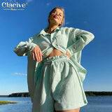 Kukombo Elegant Solid Sets For Women Casual Long Sleeve Blouse Shirts High Wasit Lace-Up Two Piece Short Set Fashion Home Suit
