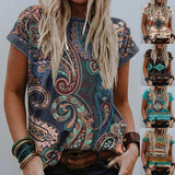 Christmas Gift 2021 Summer Women New Urban Casual Round Neck Print Short Sleeve  T-shirt Ladies Retro Plus Size Loose Shirt Tops