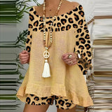 Summer Vintage Leopard Patchwork Outfits Set Cotton Linen Shirt Tops And Loose Shorts Suit Casual 3/4 Sleeve Women Two Piece Set-0406