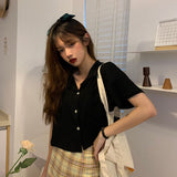 Kukombo Shirts Women Summer Short-Sleeve Turn-Down-Collar Solid Short Womens Tops Blouses Korean Style Loose All-Match Slim Trendy Retro