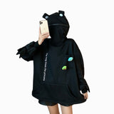 Kukombo Cartoon Lover's Cute Long Sleeve Sweatshirt Loose Printing Tops Casual High Collar Pocket Frog Head Warm Hoodie Pullover