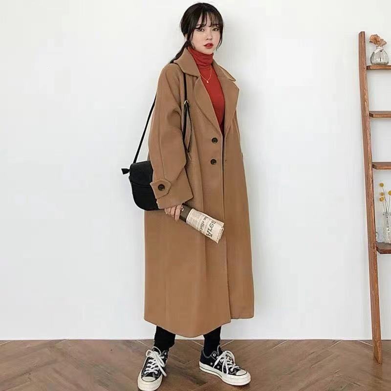Christmas Gift Woman Long Coat Fashion Korean Student Style Retro Versatile Windbreaker Casual Warm Woolen Oversize 2021 Winter Women Coat