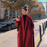 Christmas Gift Woman Long Coat Black Red Korean Retro Loose Wool Coat Belt Woolen Windbreaker Oversize Fashion Autumn 2021 Women Thick Coat 3Xl