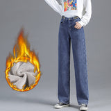 Christmas Gift Korean jeans Plush thickened wide leg pants women's high waist loose high waist new trend in autumn and winter 2021