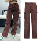 Kukombo Vintage Khaki Wide Leg Cargo Jeans High Waist Big Pockets Baggy Denim Trousers Casual Oversized Pants Street Sweatpants