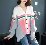 Kukombo 2022 Spring Women's Sweaters Patchwork Srtiped Knitting V-Neck Stylish Knitted Button Cardigans Loose Tops SWC1816