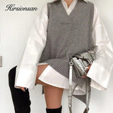 Christmas Gift Hirsionsan V Neck Knitted Sweater Vest Women 2021 New Korean Cashmere Loose Vest Pullovers Female Solid Sleeveless Knitwear
