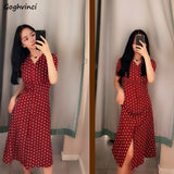 Kukombo Short Sleeve Dress Women V-Neck Polka-Dot Chiffon Elegant Chic Single-Breasted Chic Slender Sexy High-Waist Korean Retro Grils