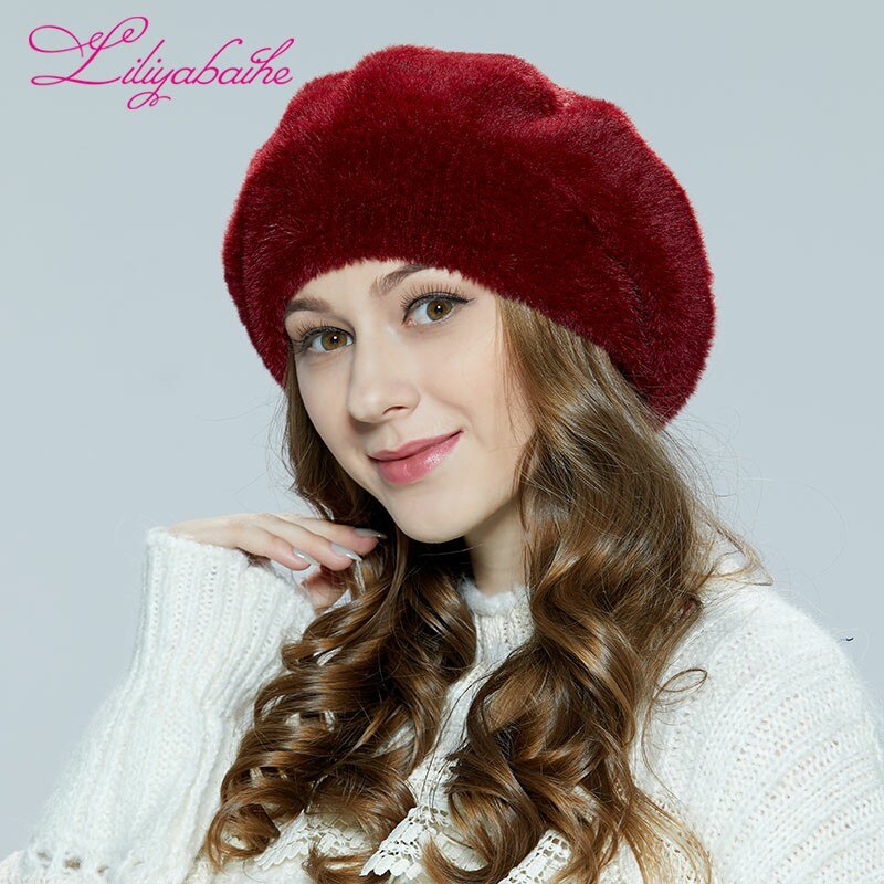 Christmas Gift Women's Winter Beret Angora and Faux Fur Beret Volumetric Hat with Leg Warm Hat