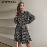 Christmas Gift Yiyiyouni Bohemian Floral Elastic Waist Dress Women Spring Long Sleeve Chiffon Ruffle Mini Dress Women Reched Party Dress Female