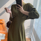 Kukombo Vintage Long Sleeve Elegant Autumn Bodycon Dress Women Women's Spring Slimming Pleated Stand Collar Midi Dress Dresses Female