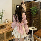 Kukombo Back Puff Sleeve Shirts Women Autumn French Bow Bandage Blouses 2022 New Black Pink Square Neck Cropped Tops Female