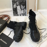 Kukombo Women's Ankle Boots Platforms Mid-Calf Knitted PU Punk Style Shoes Gothic Black Autumn Winter Harajuku
