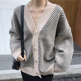 Christmas Gift 2021 Women's Knitwear Winter Spring Striped V-Neck Cardigans Buttons Oversize Korean Style Lady Sweaters Tops SWC3033