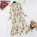 Christmas Gift BGTEEVER Spring Stand Collar Floral Print Women Dress Lace Up Female Pleated Dress Summer Party Midi Chiffon Vestidos femme 2021