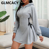 Kukombo Women Casual Solid Hooded Dress Lace Up Waist Side Corset Dress