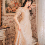 Kukombo  French Fairy Vintage Dress 2022 Summer Bowknot A-Line Elegant Lace Dress Female Square Collar One Piece Dress Korean Weddings