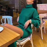 Kukombo Women Knitting Dress Suits Turtleneck Solid Color Pullover Sweater + Slim Side Slit Skirt Two-Piece Set Chic Outwea K08