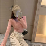 Kukombo Mohair Knitted Shirt Y2k Pink Sweet Crop Top Gentle Bodycon Hot Girls Pullover Low Round Collar Sexy Sheath Sweater