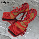 Christmas Gift Eilyken 2022 New Sexy Yellow Mesh Pumps Sandals Female Square Toe high heel Lace Up Cross-tied Stiletto hollow Dress shoes