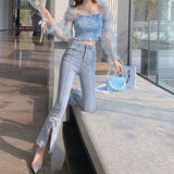 Kukombo  Korean Spring Autumn Sweet High Waist Split Denim Pants Women Elegant Chic Beading Bowknot Boot Cut Pants Vintage Fairy Jeans