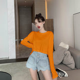 Kukombo Long Sleeve T-Shirts Women Spring Solid Loose Crop Top Sexy New Trendy Leisure Girls T-Shirt Korean Stylish Teens All-Match Chic