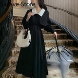 Christmas Gift Elegant Black Midi Shirt Dress Women Gothic One Piece Dress Korean Fashion Vintage Trench Dress Office Lady Autumn 2021