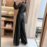 Christmas Gift Women's Autumn Chiffon Jumpsuit Long Sleeve Casual V-Neck Overalls Elegant Fashion Femme Wide-Leg Loose Streetwear Slim Romper