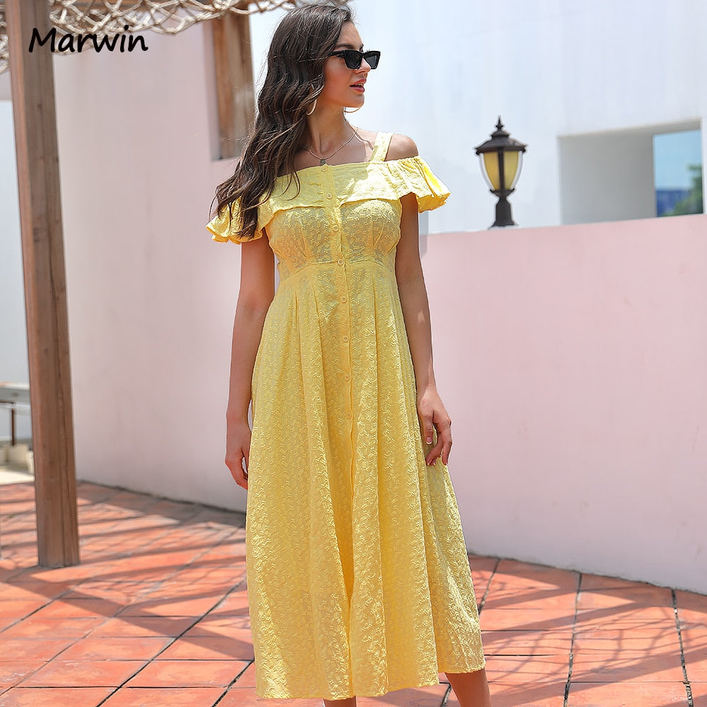Christmas Gift Marwin Simple Long Casual Solid Hollow Out Pure Cotton Holiday Style High Waist Fashion Mid-Calf Summer Dresses NEW Vestidos