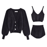 TRAF ZA Fashion Knitted Suit Vintage Cardigan Top Furry Single-breasted Coat Elastic High Waist Shorts Knitted Three-piece Suit