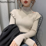 Kukombo Hollow Out Turtleneck Sweaters Women Sueter Mujer Ruffles Long Sleeve Slim Pullovers Jumpers Casual Fashion Tops 3b424