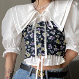 Kukombo Summer Elegant Floral Blouse Women Kawaii Vintage Sweet Casual Puff Sleeve Blouse Female Chic Two Piece Suit Party Blouse