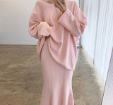 Kukombo Korean Chic Autumn Long Sleeve Loose Sweatshirt High Waist Trumpet Skirt Solid Color Sweet Pink Women Two Piece Set