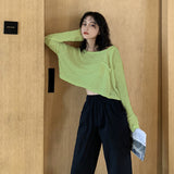 Kukombo Long Sleeve T-Shirts Women Crop Top Solid Thin Sun-Proof Korean Style Loose All-Match Teens Chic Ins Womens Trendy Ulzzang New