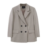 Kukombo Womens Long Blazer Double Breasted Suit Jacket Loose Oversize Coat Solid Color Formal Blazer