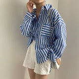 Kukombo Striped Shirts Women Turn Down Collar Long Sleeve Vintage Blouse Single Breasted Korean BF Style Tops Blusas 3c540