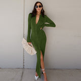 Graduation Gift Big Sale Fashion Ankle-Length Dresses For Women Long Sleeve Autumn Button Green Split Casual Elegant Party Clubwear Solid